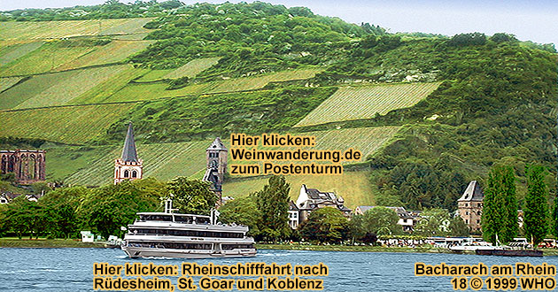 Bacharach, Rhine river, with church, ruin and wall towers.