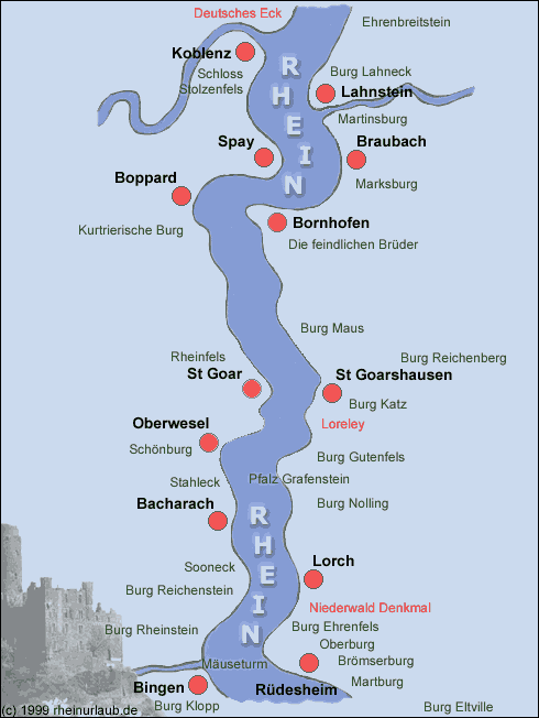 Rhine River Valley map with Rhine Castles between Koblenz, Lahnstein, Loreley Rock, Bingen an Rudesheim